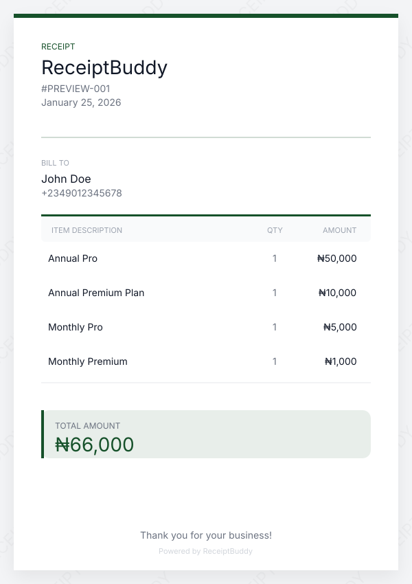 ReceiptBuddy app preview showing WhatsApp receipt